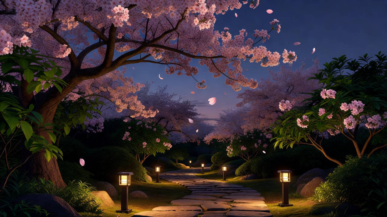 夕暮れの桜とソーラーランタン