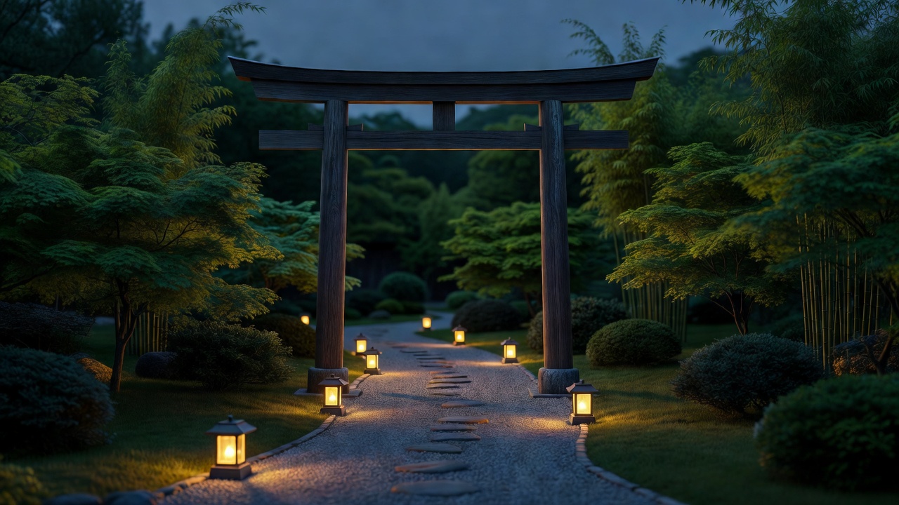 鳥居とソーラーランタン